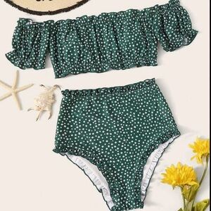 SHEIN green and white Floral Ruffled Bikini Set size medium high waisted